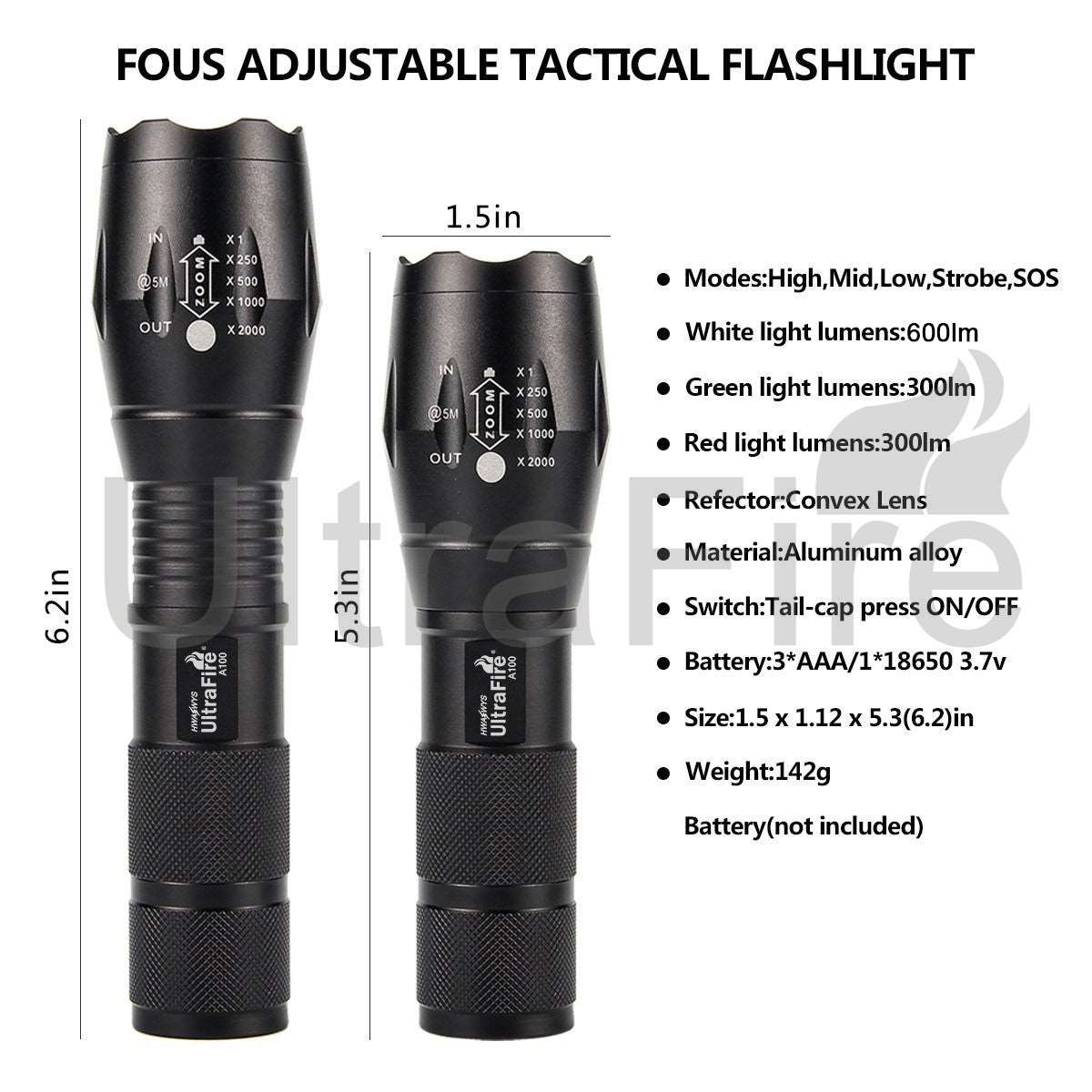 UltraFire A100 Tactical-Flashlight Glass Lens