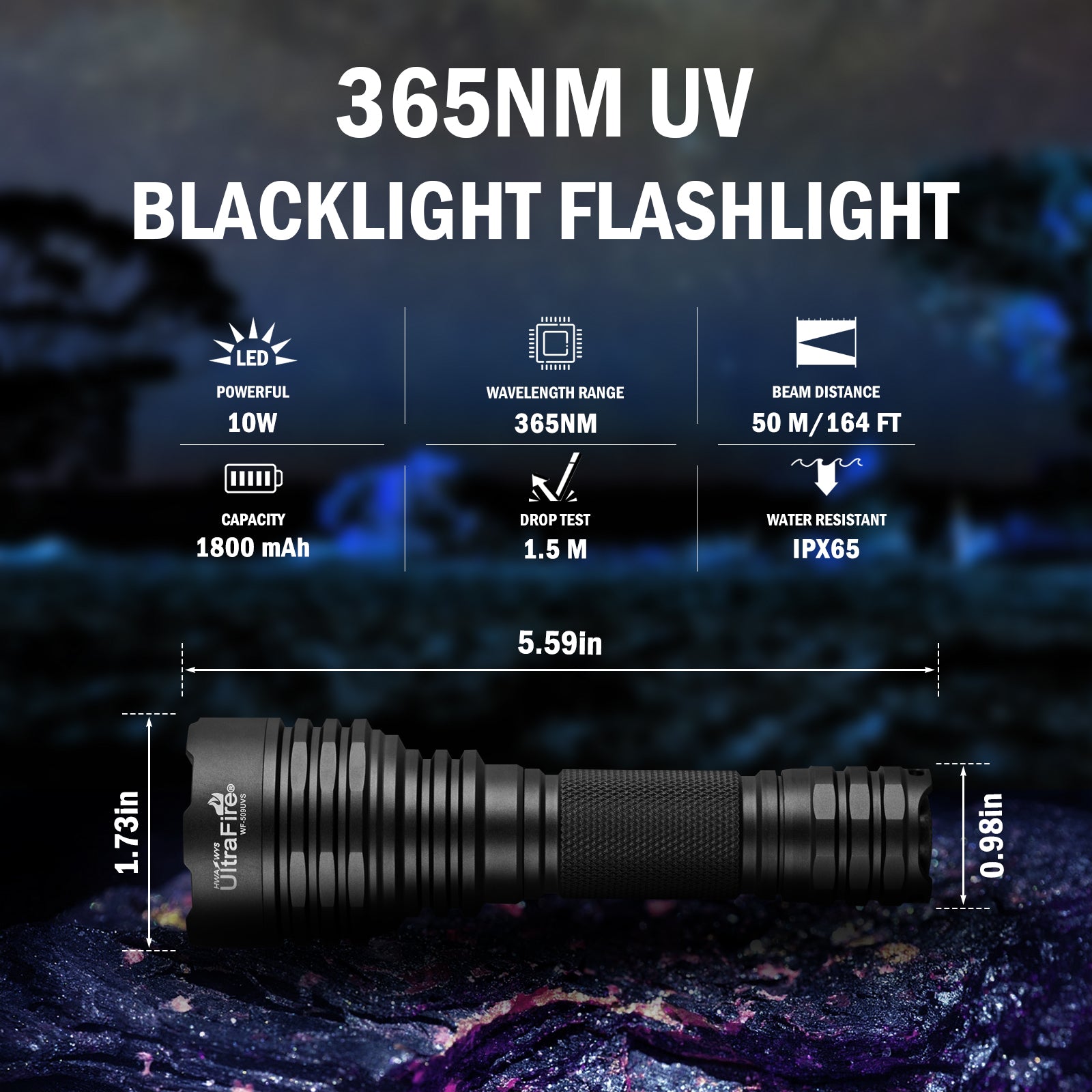 UltraFire-WF-509UVS-365nm-uv_flashlight-blacklight_flashlight-10w-size-beam_stance_50m-IP65